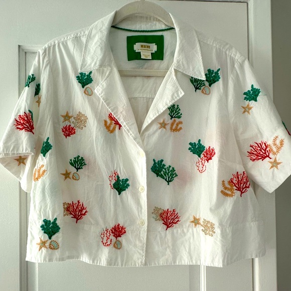 Maeve Anthropologie Short Sleeve Coral & Shell Cotton Button Front Top - Picture 3 of 16